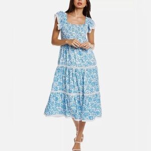 SAIL TO SABLE FLUTTER SLEEVE SMOCKED MIDI DRESS - BLUE ROSE